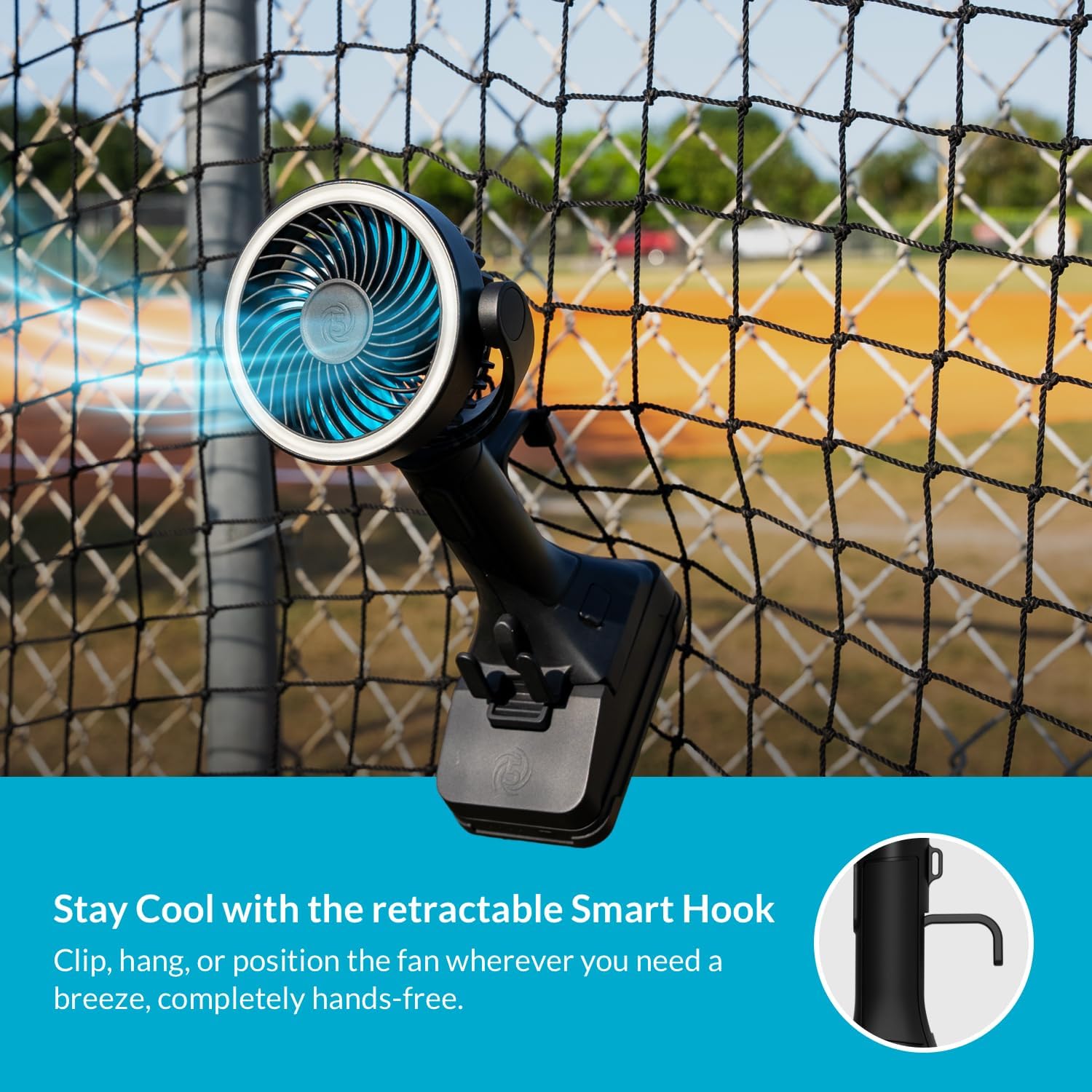 AirLux Pro, Portable Fan, 180-Degree Tilt Head, 5 Speeds, 18MPH Wind Velocity, Rechargeable 20V Battery, [40 Working Hours], USB Power Bank, LED Ring Light, Hands-Free Smart Hook - Image 4