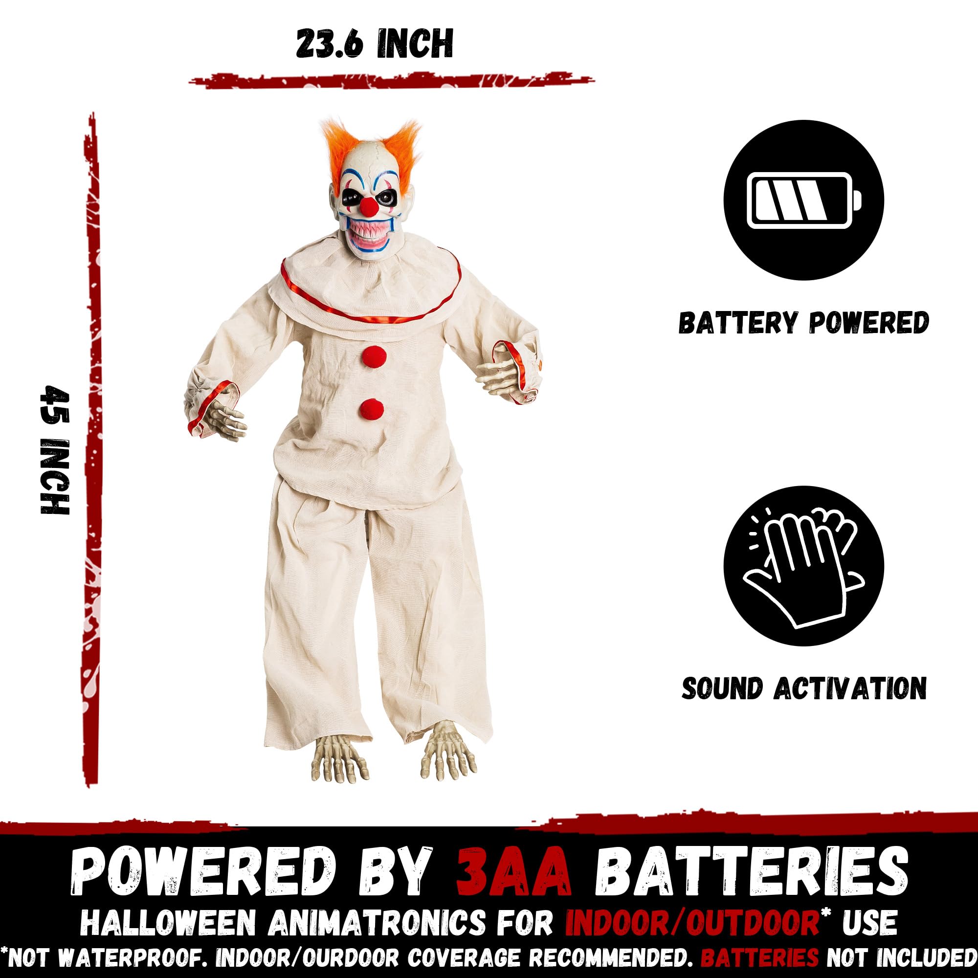 ELAMAS Animatronic sitzender Clown Halloween animierte Dekorationen - Sound aktiviert mit gruseligem Klang, leuchtende Augen, spukhafte Bewegung, Gruseldeko für Spukhaus und Horror-Requisiten