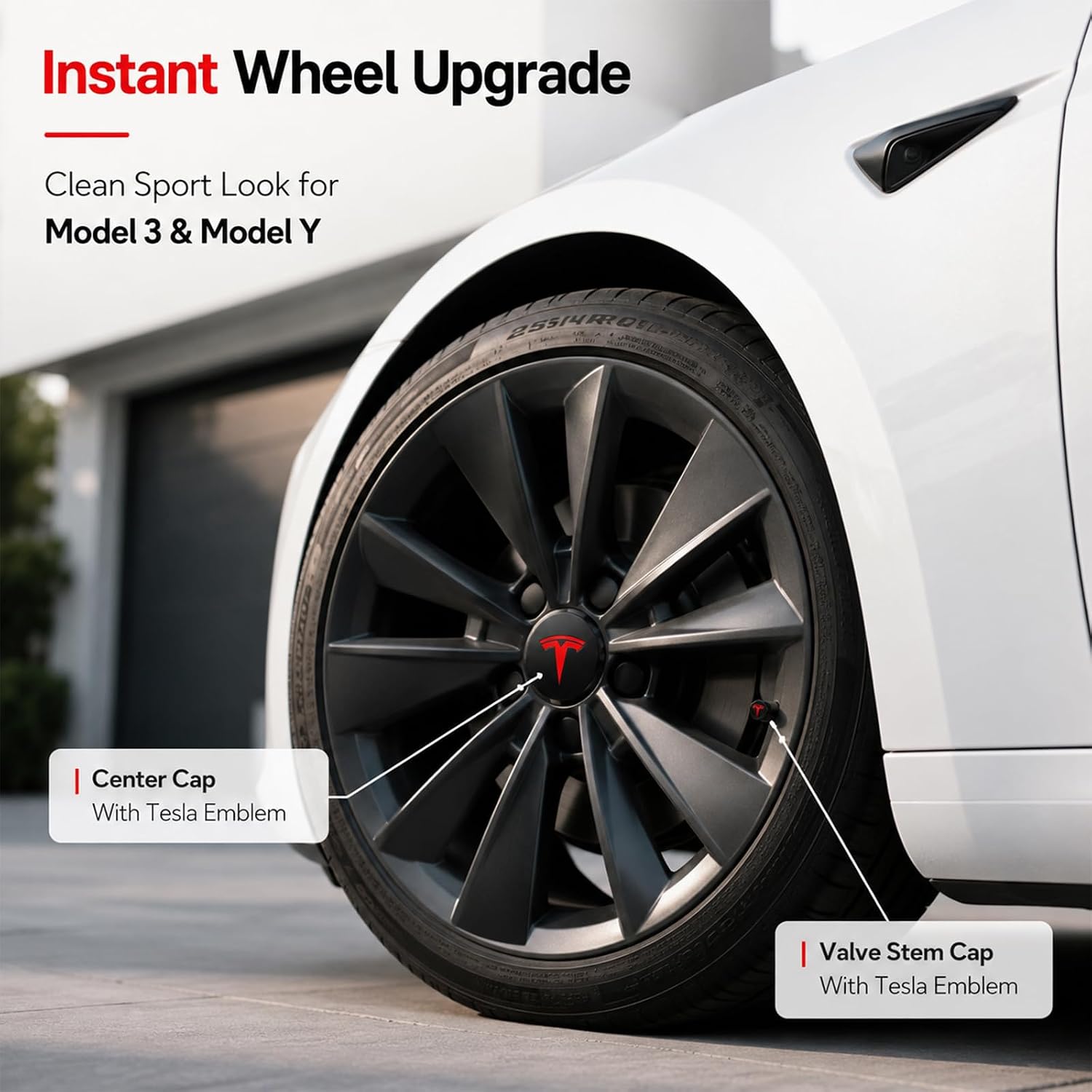 4 Pack Wheel Center Cover for Tesla Model 3 & Model Y,56mm Hubcaps Wheel Rim Cover Tesla Center Caps Hubcaps+4 Car Valve Stem Caps (Matte Black+Red Emblem)