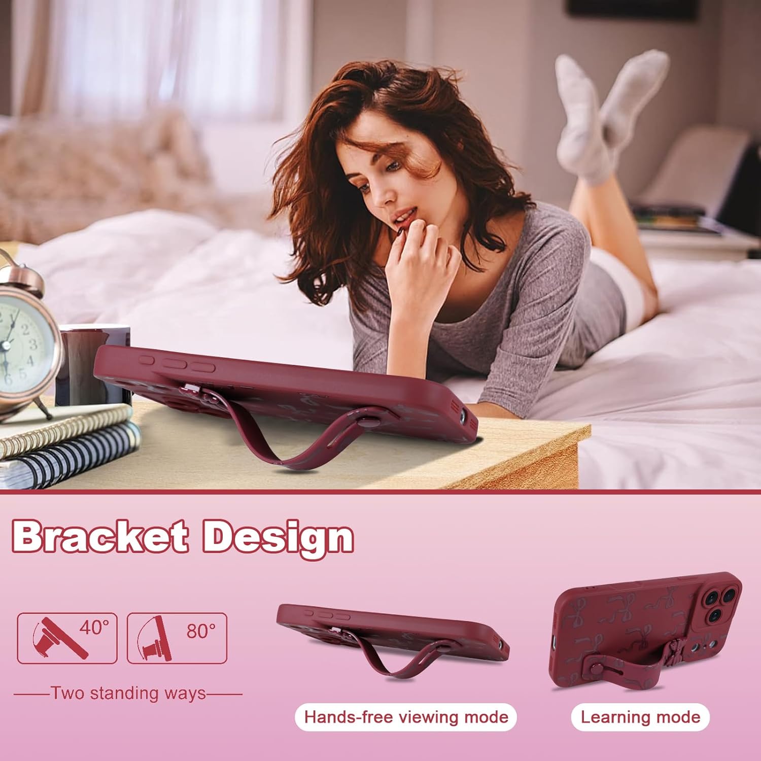 OOK Case for iPhone 17 Pro Max Case with Screen Protector, Cute Bow Design with Adjustable Wristband Strap Kickstand Slim Soft TPU Rubber for Women Girls Phone Cover-Wine Red - Image 7