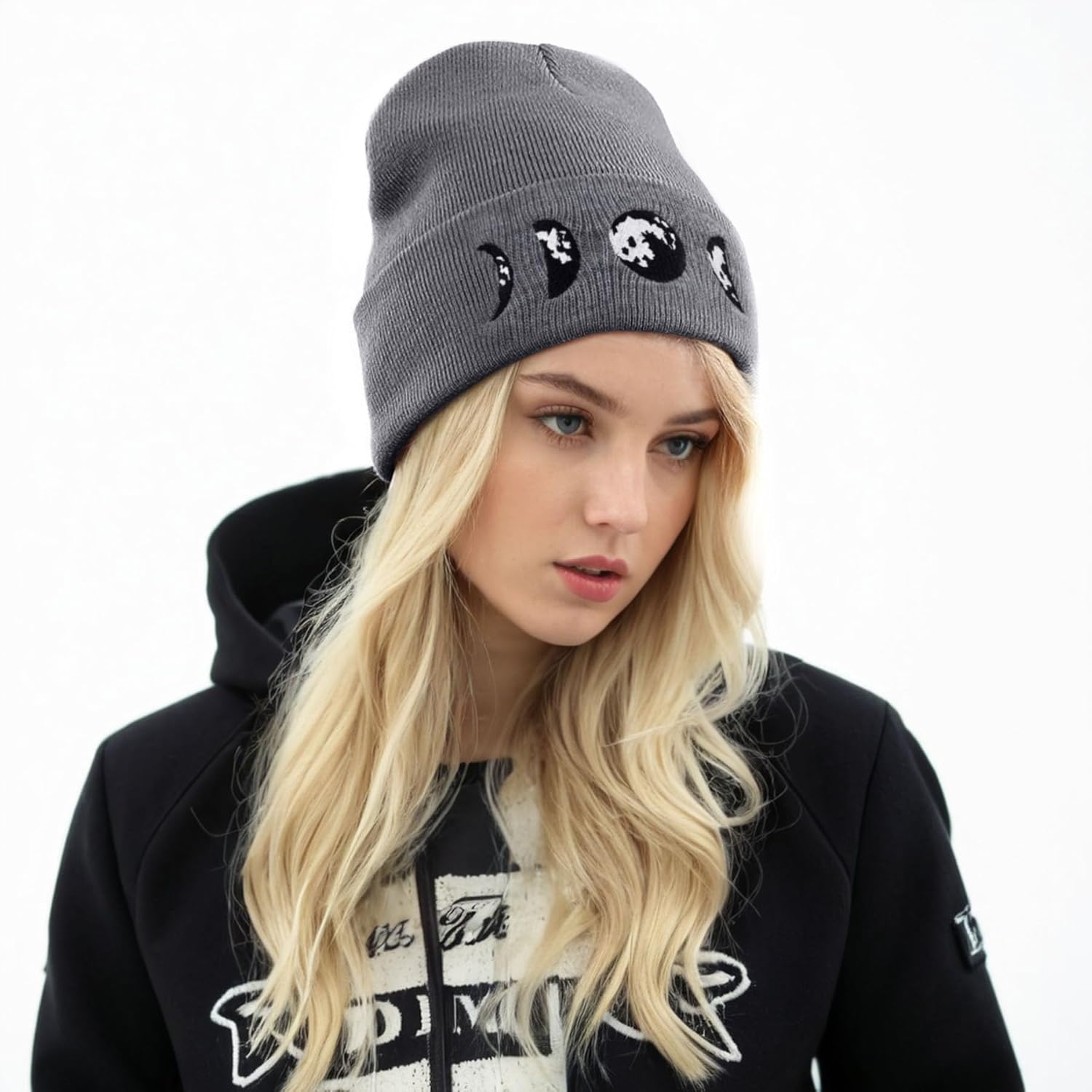 Gothic Moon Phase Skull Beanie Hats for Men Women, Warm Embroidery Winter Hat for Birthday Christmas & New Year - Image 3
