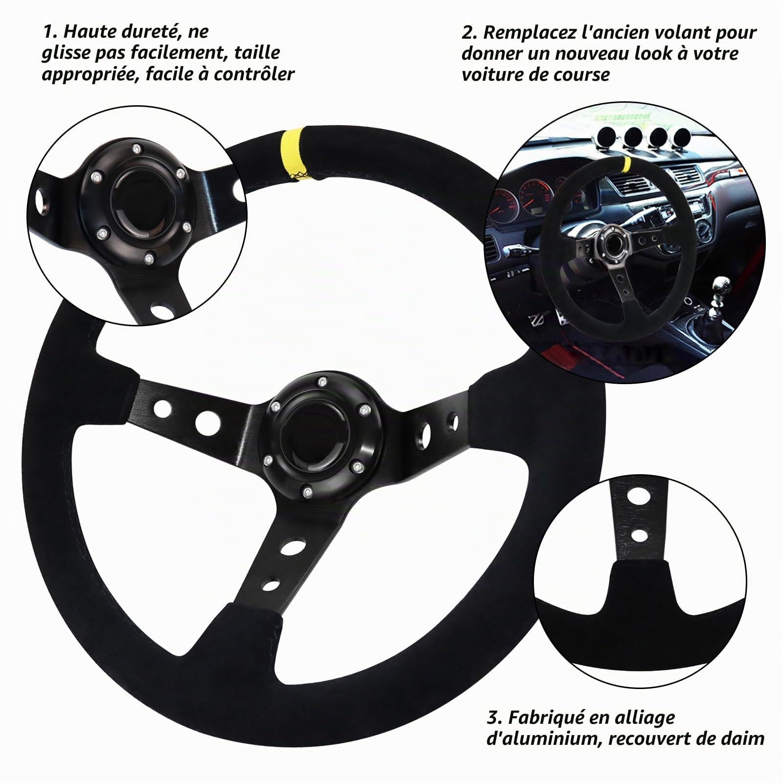 Volant de course, universel, volant de jeu, 13,6", 6 vis, poignée en daim Deep Dish avec bouton corne pour course/rallye/moteur/voiture sim guidage (noir)