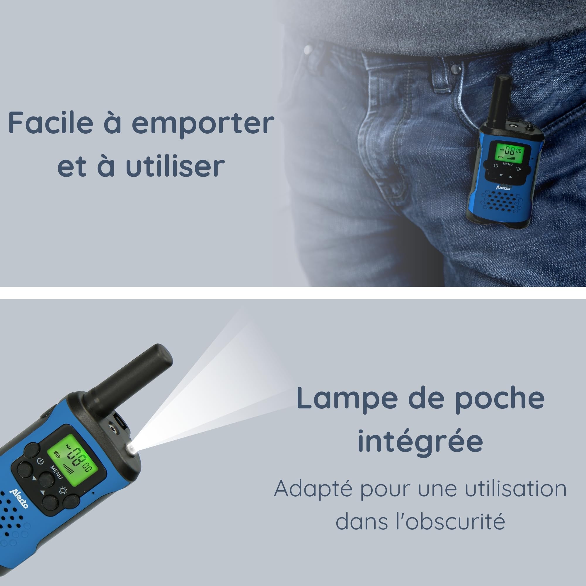 Alecto FR175BW Ensemble de Deux talkies-Walkies - Talki Walki avec portée jusqu'à 7 km - Talky Walky pour Les Enfants avec 8 canaux - Bleu/Noir