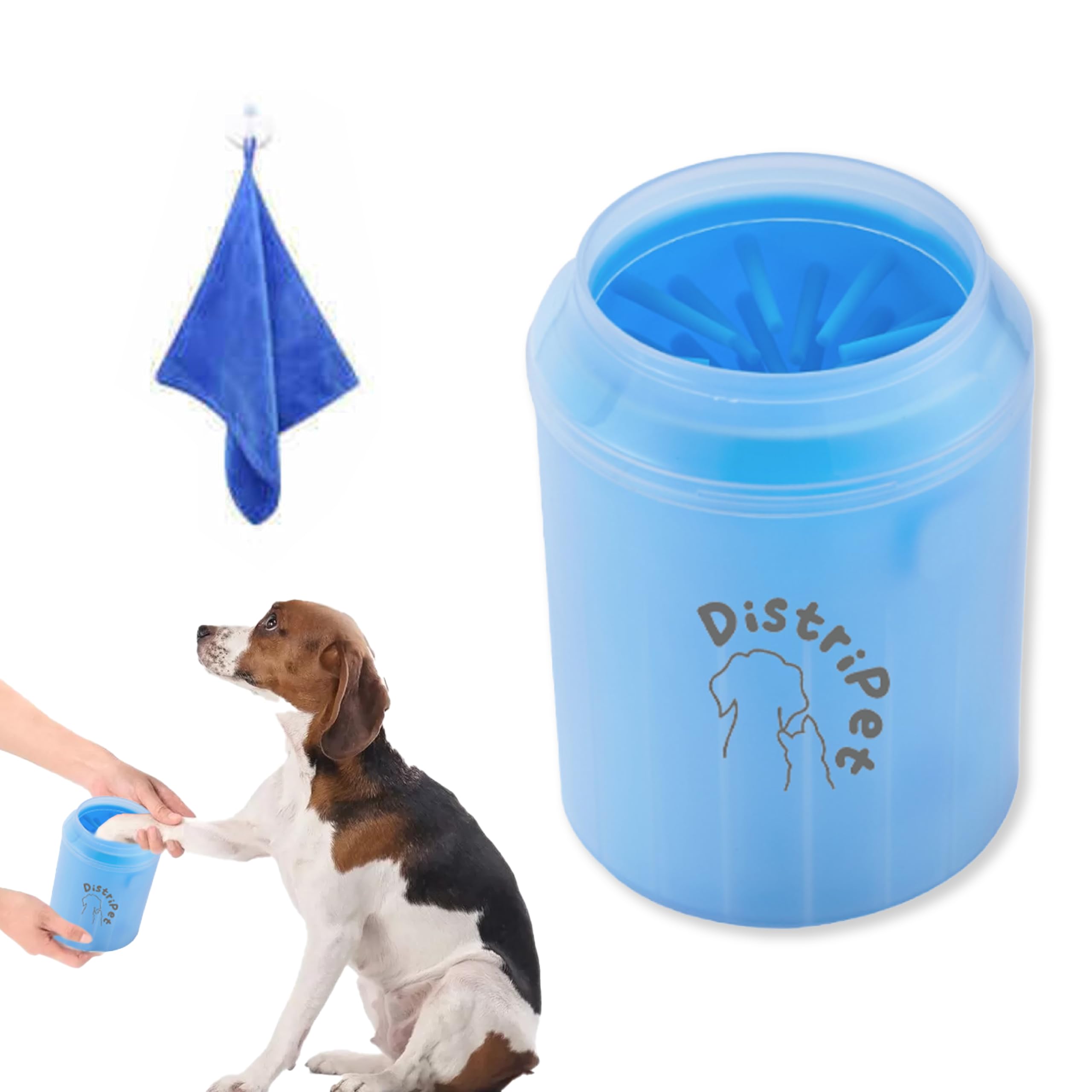 DistriPet Limpiador Patas Perro, Limpia Patas Perro, Cepillo de Limpieza de Silicona Portátil y Desmontable para Limpiar los Pies Sucios de Perros. Incluye de regalo una Toalla de Microfibra (Azul)