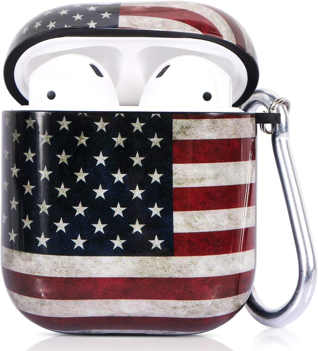 ROLEES Airpods Case,3 in 1 Cute Marble Airpods Accessories Protective Hard Case Cover Portable & Shockproof Women Girls Men with Keychain/Strap/Earhooks for Airpods 2/1 Charging Case (American Flag)