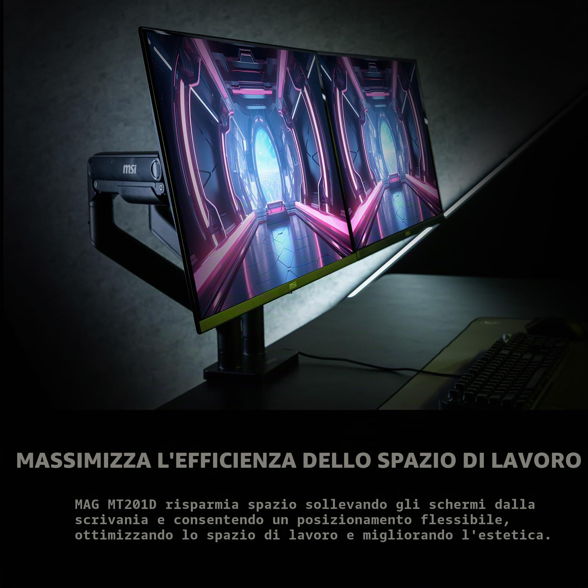 MSI MAG MT201 - Braccio di supporto per monitor singolo, resistente e di alta qualità, supporta schermi da 17 a 49 pollici e 20 kg, compatibile con VESA, supporto regolabile con molla a gas, morsetto