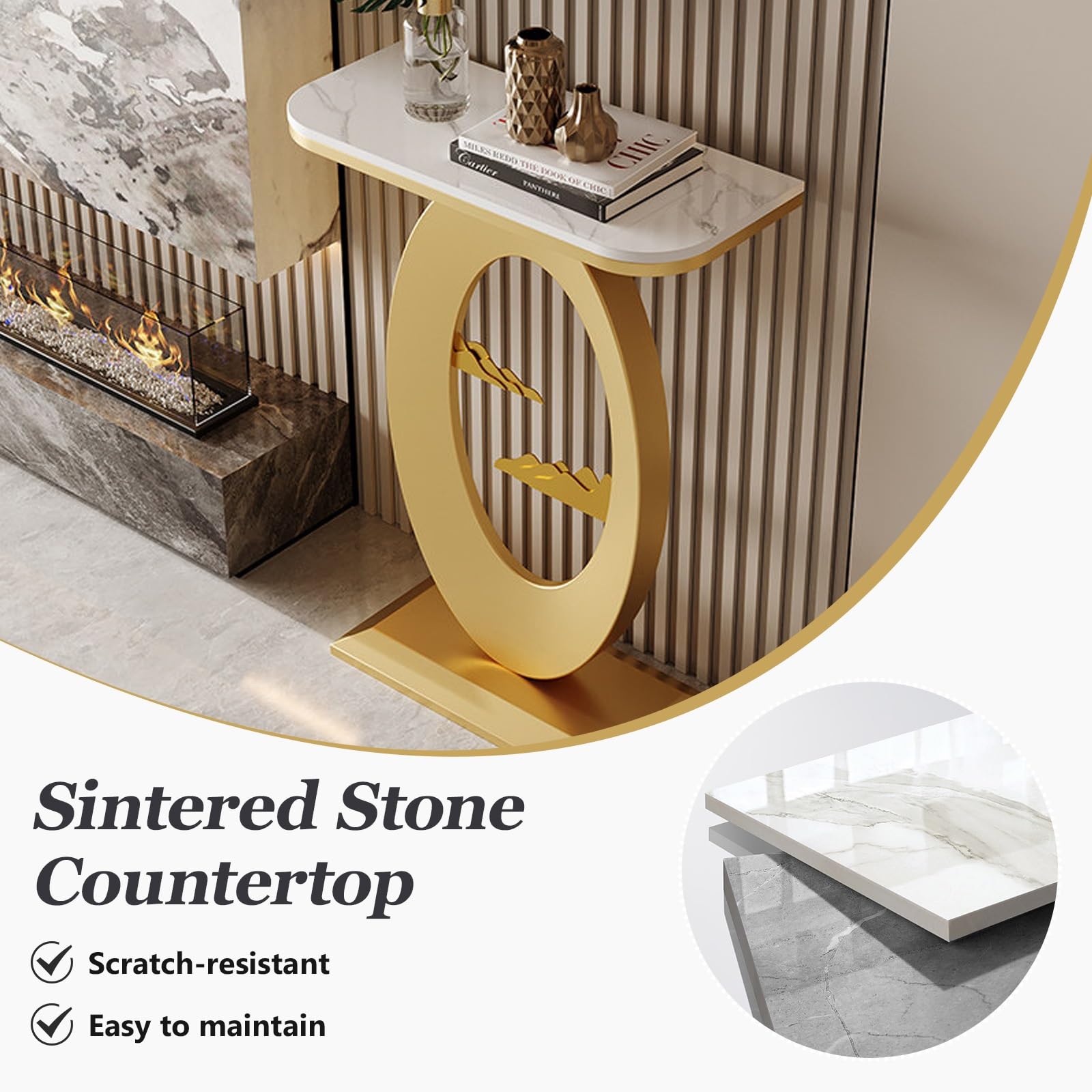 Mesa consola moderna con parte superior de piedra sinterizada, mesa de entrada estrecha, metal resistente, mesa de sofá para sala de estar, vestíbulo, entrada (d, 50 x 30 x 75 cm)