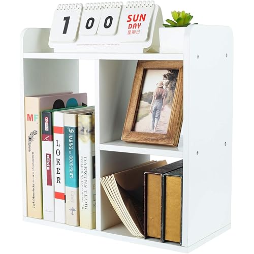 PAG Desktop Shelf Freestanding Wood Small Bookshelf Desk Supplies Organizers and Accessories Storage Display Rack Office Decor for Women, White