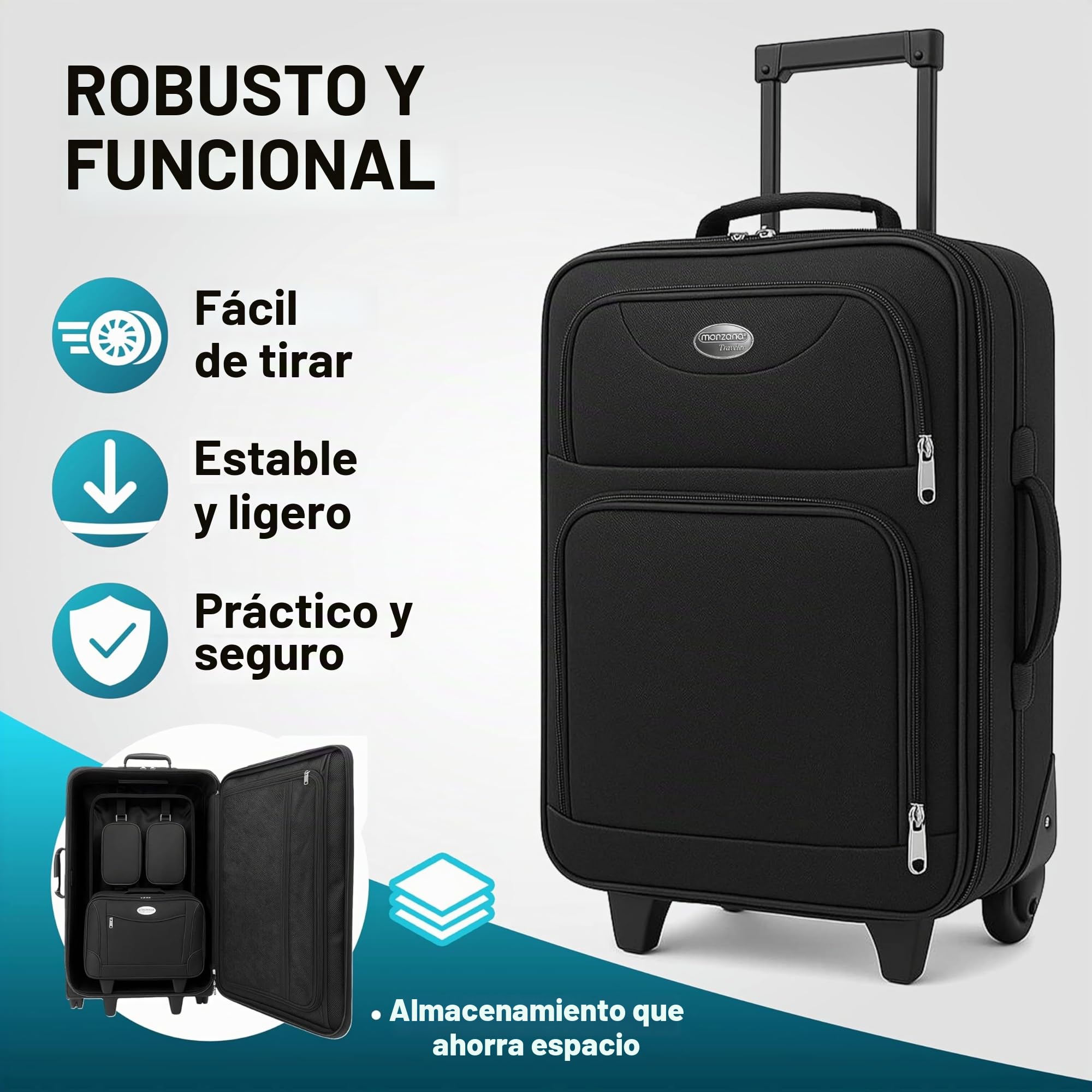 MONZANA® Juego de Maletas de Viaje Set 5 Piezas 2 Maletas con Ruedas Bolso de Negocios 2 Neceseres Tela Oxford Repelente al Agua Correas Cierre Clic Asa Telescópica Equipaje Vacaciones Escapadas Negro