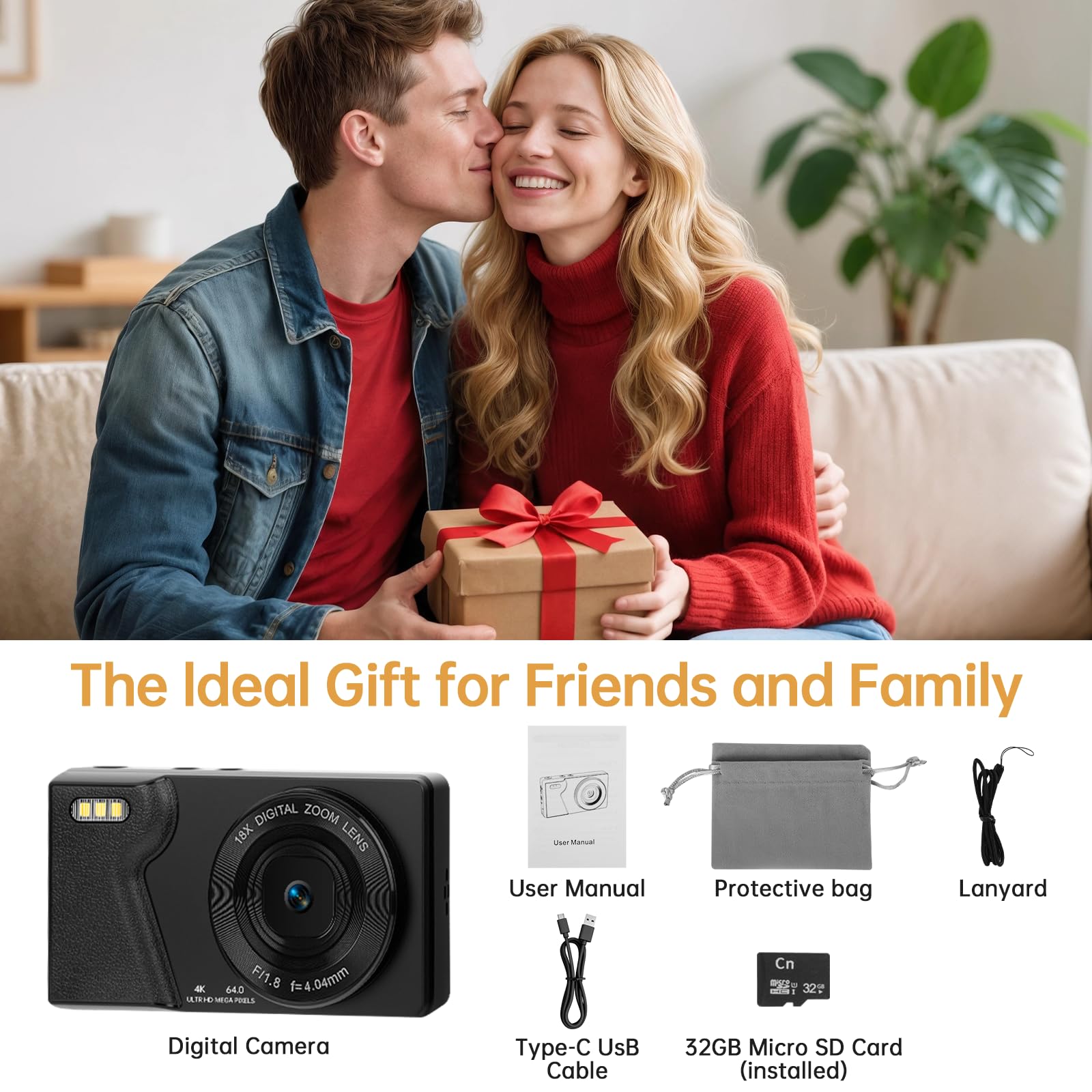 Fotocamera Digitale 4K 64MP con Doppia Fotocamera Frontale e Posteriore, Fotocamera Compatta per Vlogging, Schermo LCD 2,8 Pollici, Zoom Digitale 18X, 32GB SD Card per Bambini (Nero)
