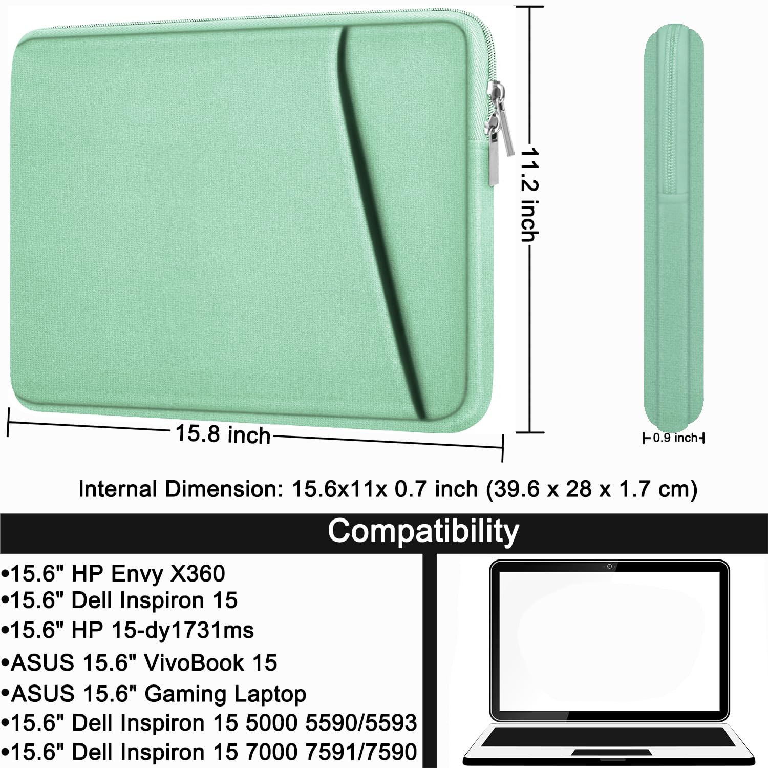 Funda protectora para laptop, a prueba de golpes, bolsa portátil para laptop de 15.6 pulgadas, HP, Dell, Asus, Lenovo, con bolsillo frontal, color azul claro