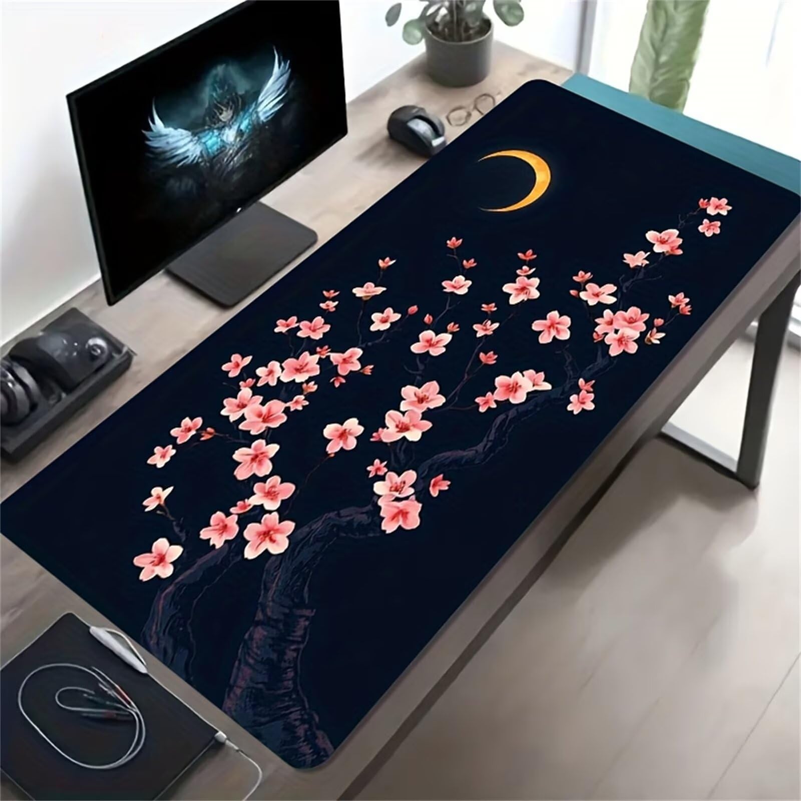 Tappetino Mouse Gaming XXL 1200x600x3 mm, Tappetino da Scrivania Grande, con Bordi Cuciti Rinforzati, Base in Gomma Antiscivolo, Tappetino per Tastiera Lavabile per PC e Laptop, Fiori Rosa Luna
