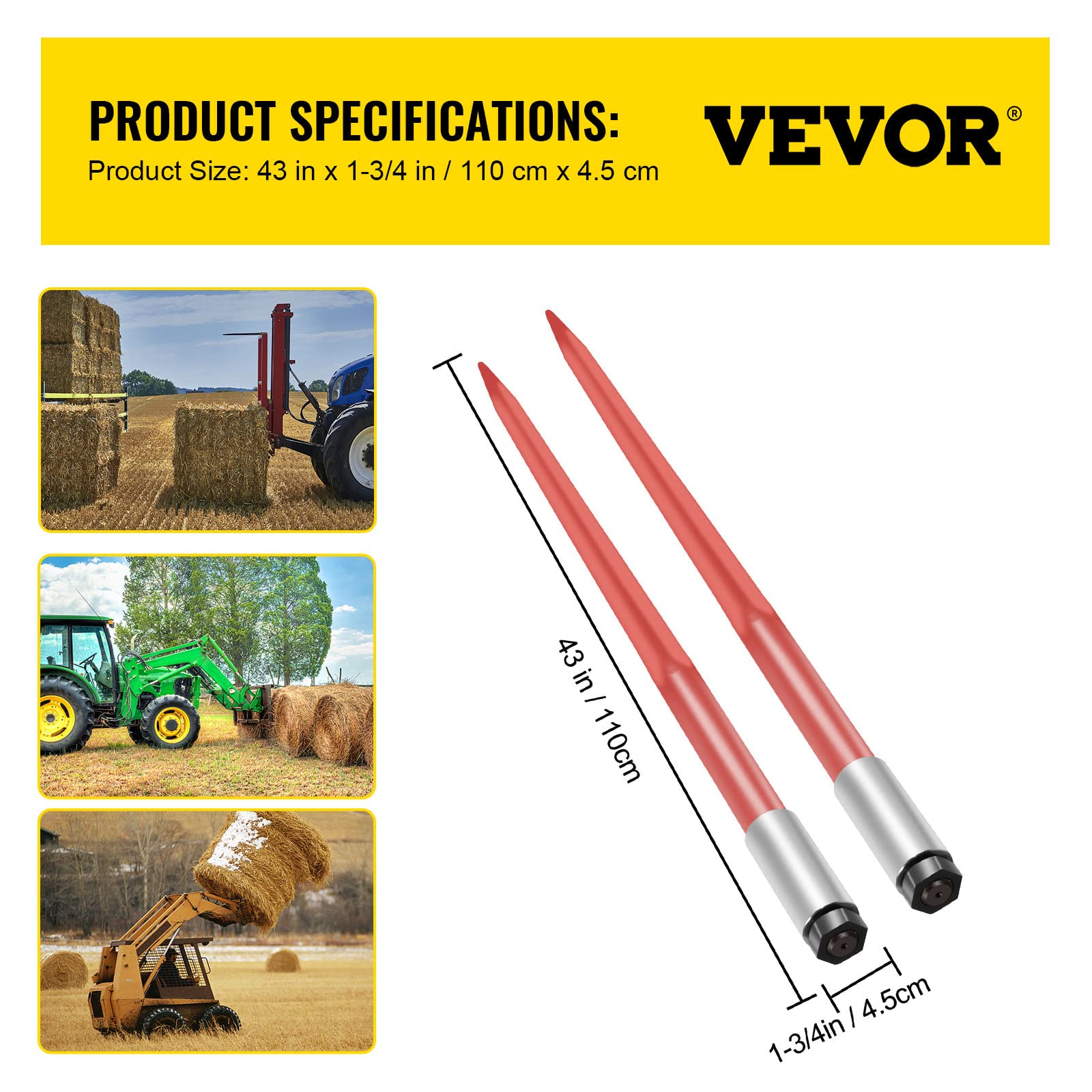VEVOR Lanza de heno 110 cm 2 lanzas cuadradas para pacas de heno punta de fijación rápida, capacidad de 1360 kg horquillas para pacas recubiertas de rojo funda de tuerca hexagonal para tractores