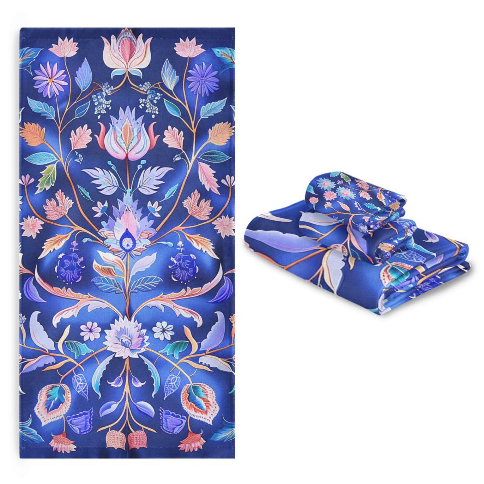 Set di 3 asciugamani per la pulizia del viso in stile bohémien, motivo floreale blu, 1 asciugamano da bagno, 1 asciugamano per le mani, 1 panno per la pulizia della casa, cucina e famiglia