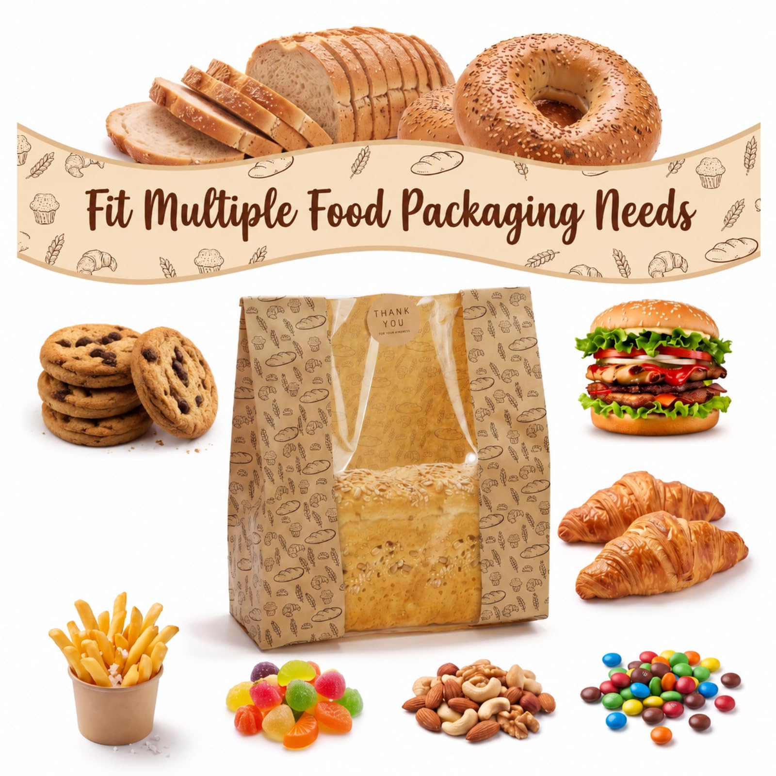 Hacaroa 100 Stück Papier Brotbeutel mit Klarem Fenster, 27,5 x 25 x 10 cm Kraft Bäckerei Taschen mit 100 Aufkleber, Braun Toast Verpackung Taschen für Hausgemachtes Brot, Keks