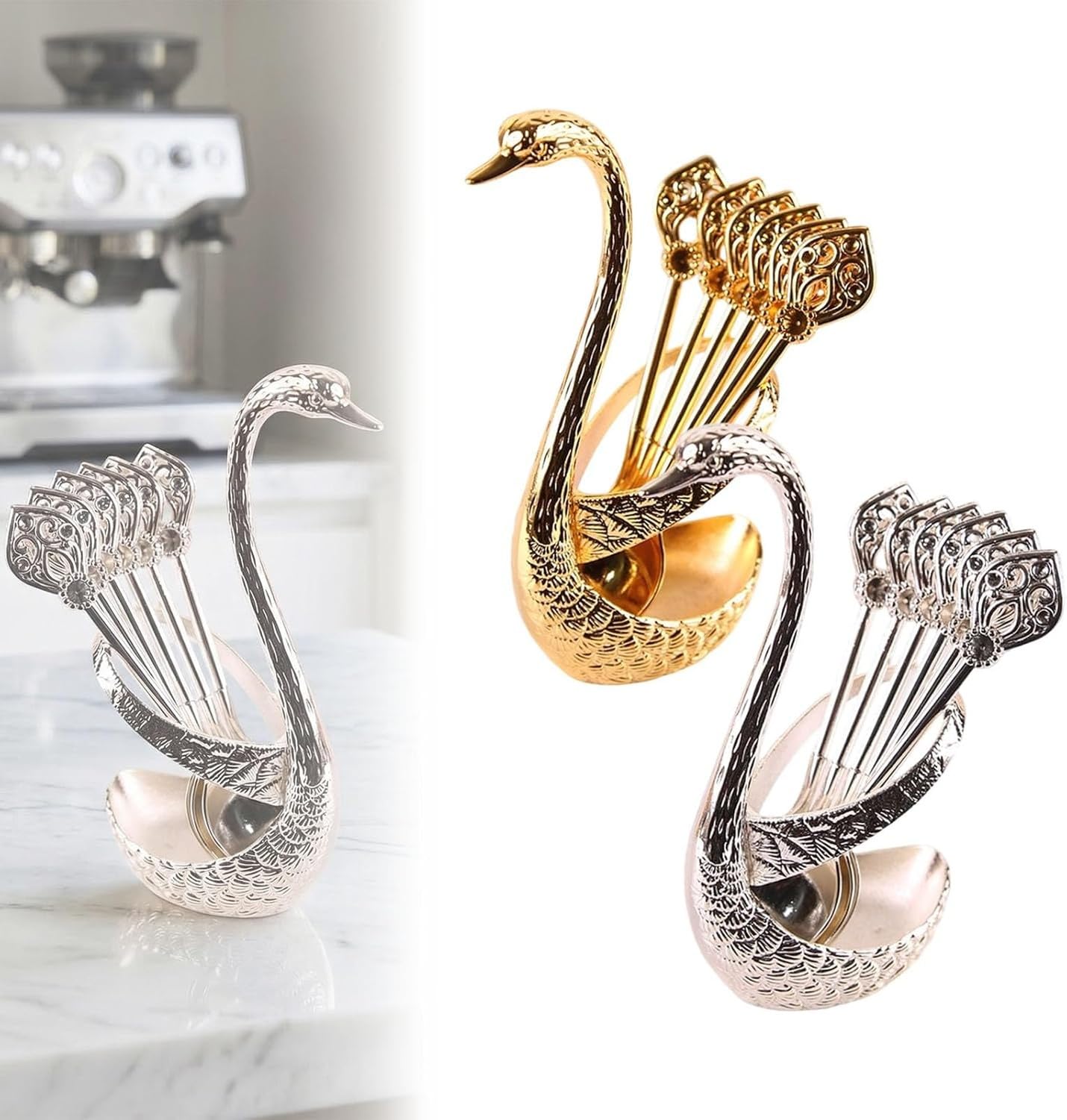 XIUNYIE Creative Swan Shape Coffee Stirring Spoon Set with Holder Stand, Elegant Functional Dessert Spoons for Cafe Home Wedding Party Kitchen Decoration Gift for Coffe, #C