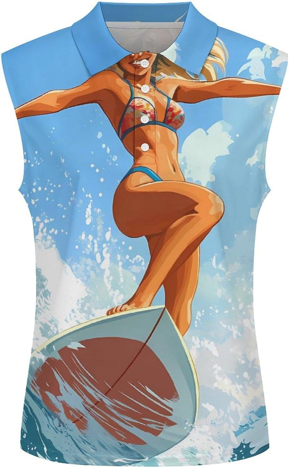 Bikini Girl Surfer Surfing Womens Golf Shirts Print Polo Shirt Sleeveless Tank Top Casual Work Blouses