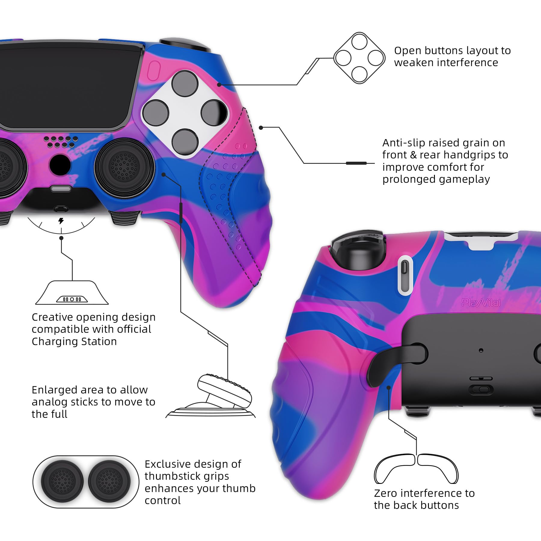 PlayVital Funda de Silicona Antideslizante para ps5 Edge - Cubierta Protectora con 2 Tapas de Joysticks, Protector de Goma para ps5 Edge Mando, Diseño Ergonómico (Edición Guardian - Rosa&Morado&Azul)