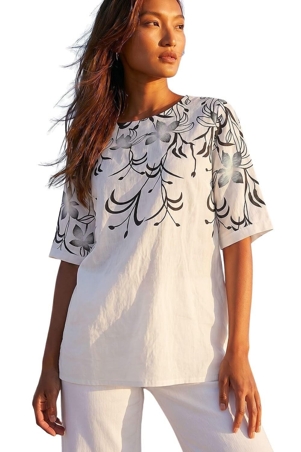 Roman Originals Women's Floral Ivory Floral Mono Print Top For Uk - Everyday Holiday Spring Summer Round Neckline Comfy Soft Evening Vacation Work Party - Size 12