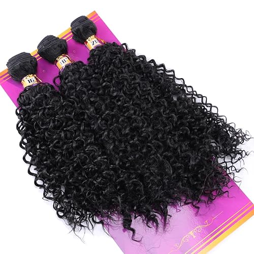 Miniatura 4 de Rizado rizado pelo sintético armadura 3 paquetes 16 18 20 pulgadas negro sintético trama extensiones alta temperatura resistente al calor fibra