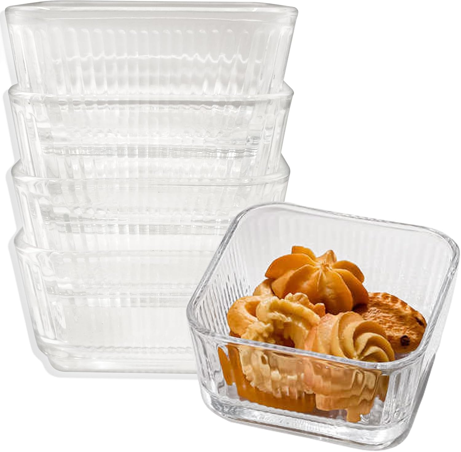 4in 10oz Clear Glass Vertical Cereal Candy Snack Bowls Set, Square Fruit Plate, 4 Pack Crystal Side Prep Dishes, Vintage Ice Cream Yogurt Serving Bowl, Dessert Dish Plate for Desk - Clear