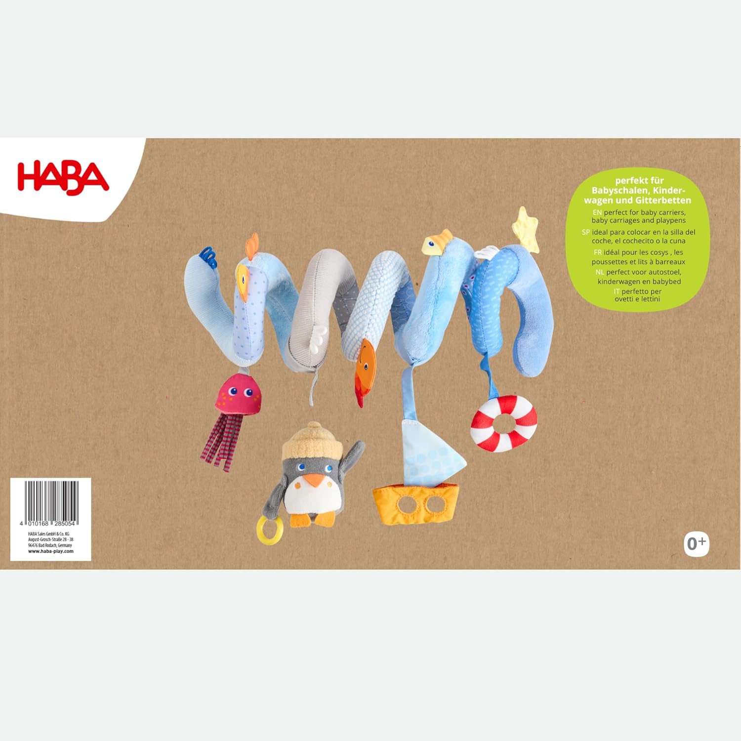 HABA Penguin Activity Spiral Car Seat Toy & Stroller Toy for Babies 0-18 Months, Soft Plush Baby Travel Gear with Crinkle, Rattle & Detachable Penguin