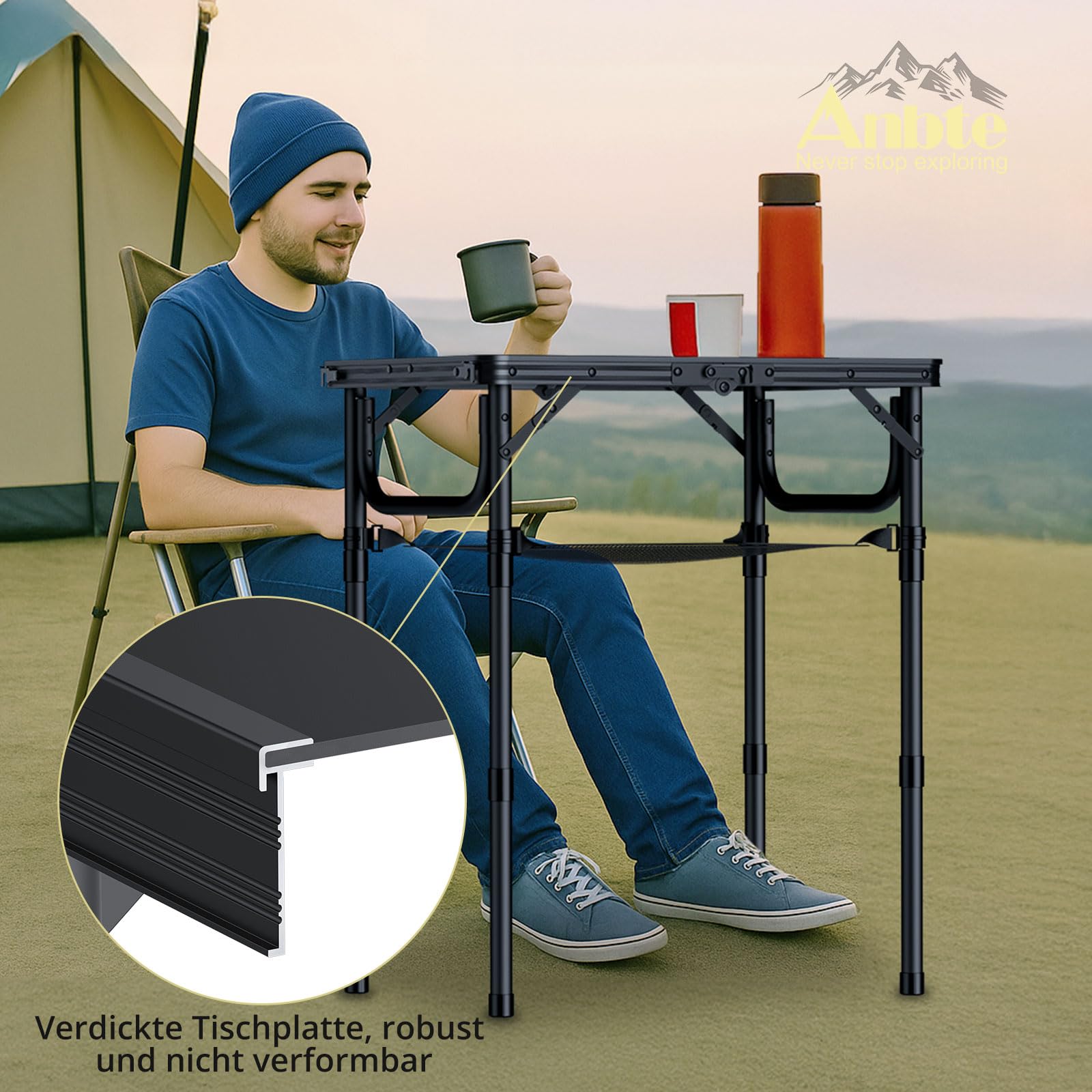 Anbte Campingtisch Klappbar 60x40cm Aluminium Rahmen 3 Höhenverstellbar 26/48/70cm Koffertisch mit Aufbewahrungsnetz Tragbar Picknicktisch für Camping Strand Balkon (Ganz Schwarz)