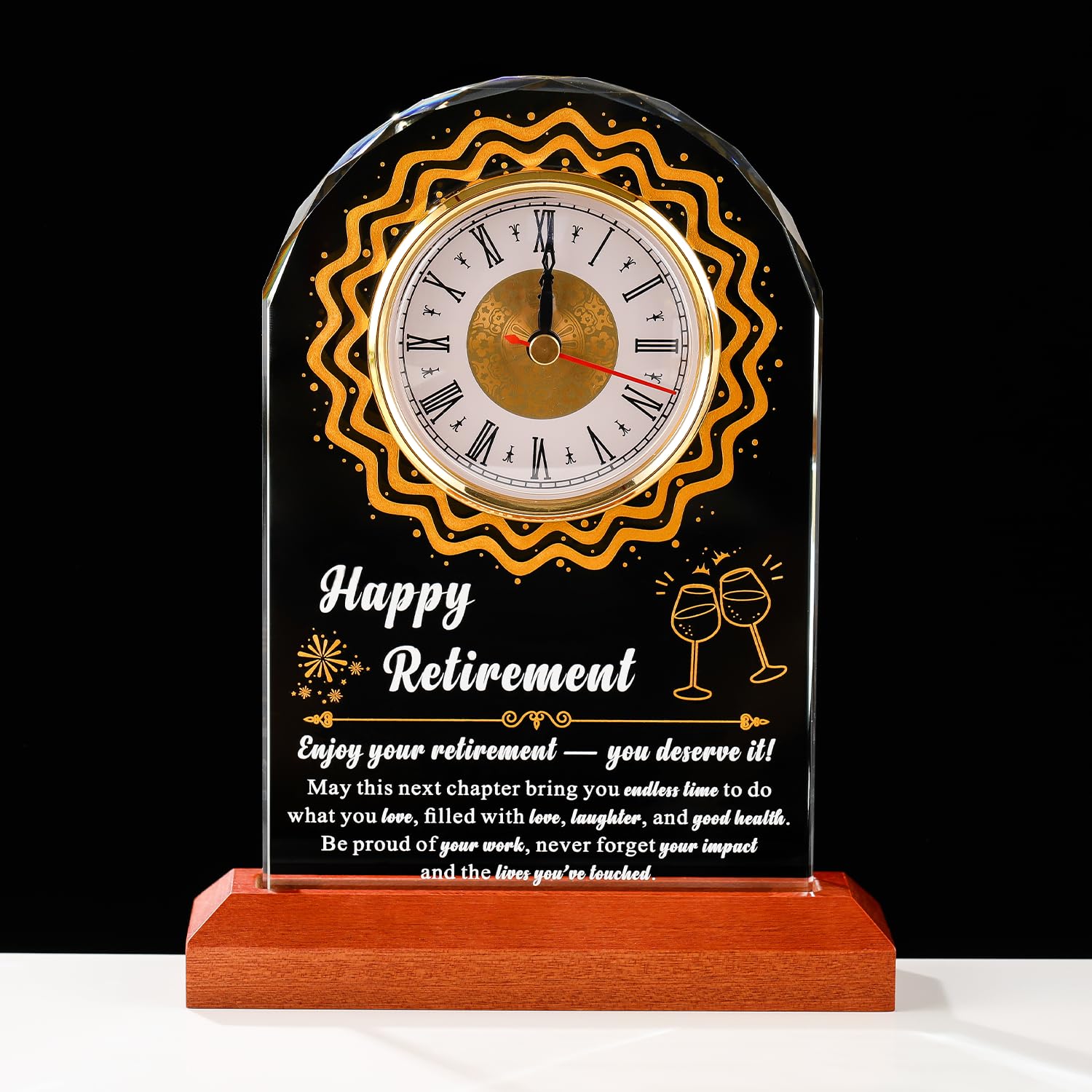 K9 - Reloj de cristal para jubilación para mujeres y hombres, con base de madera y grabado láser, recuerdo inspirador de 6.5 x 8.5 pulgadas para profesores, enfermeras, médicos, jefes