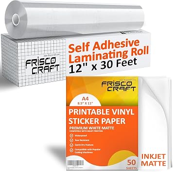 Frisco Craft Self Adhesive Laminating Roll Glossy, 12" x 30 ft & Printable Vinyl Sticker Paper Matte, 8.5" x 11", 50 Sheets Bundle Waterproof, Durable, Easy-Peel DIY Decals, Labels, Stickers