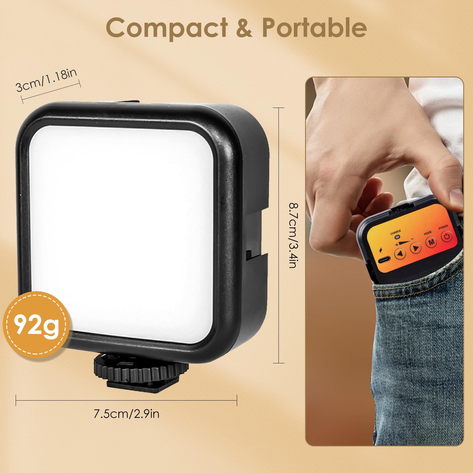 Journeyside Mini LED Videoleuchte,62 LED-Perlen mit 3 Inbegriffen Cold Shoe, Tragbare Kamera Licht 1200 mAh,Kamera Licht Klein 3000K-5500K mit 3 Lichteffekte für Aufnahmen, Live-Streaming