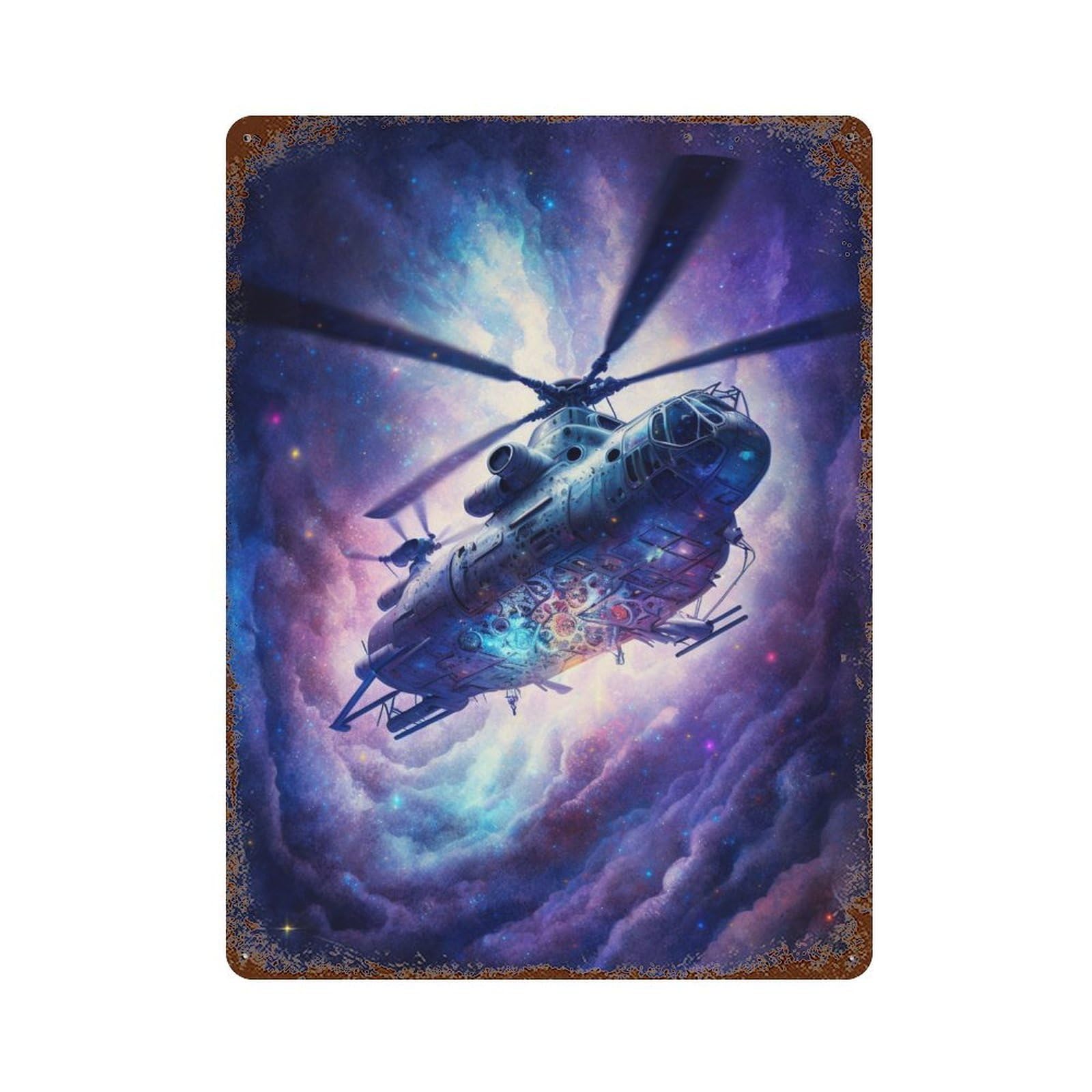 Weathered Tin Sign Galactic Helicopter Adventure 15.7"x11.8", Novelty Wall Decor for Basement, Hobby Room And Garage Decor