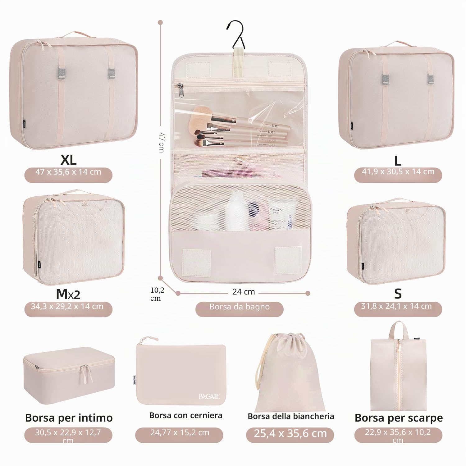 BAGAIL Set da 10 cubi da viaggio di varie dimensioni Organizer da viaggio per accessori da viaggio Bagaglio a mano Valigia - Crema