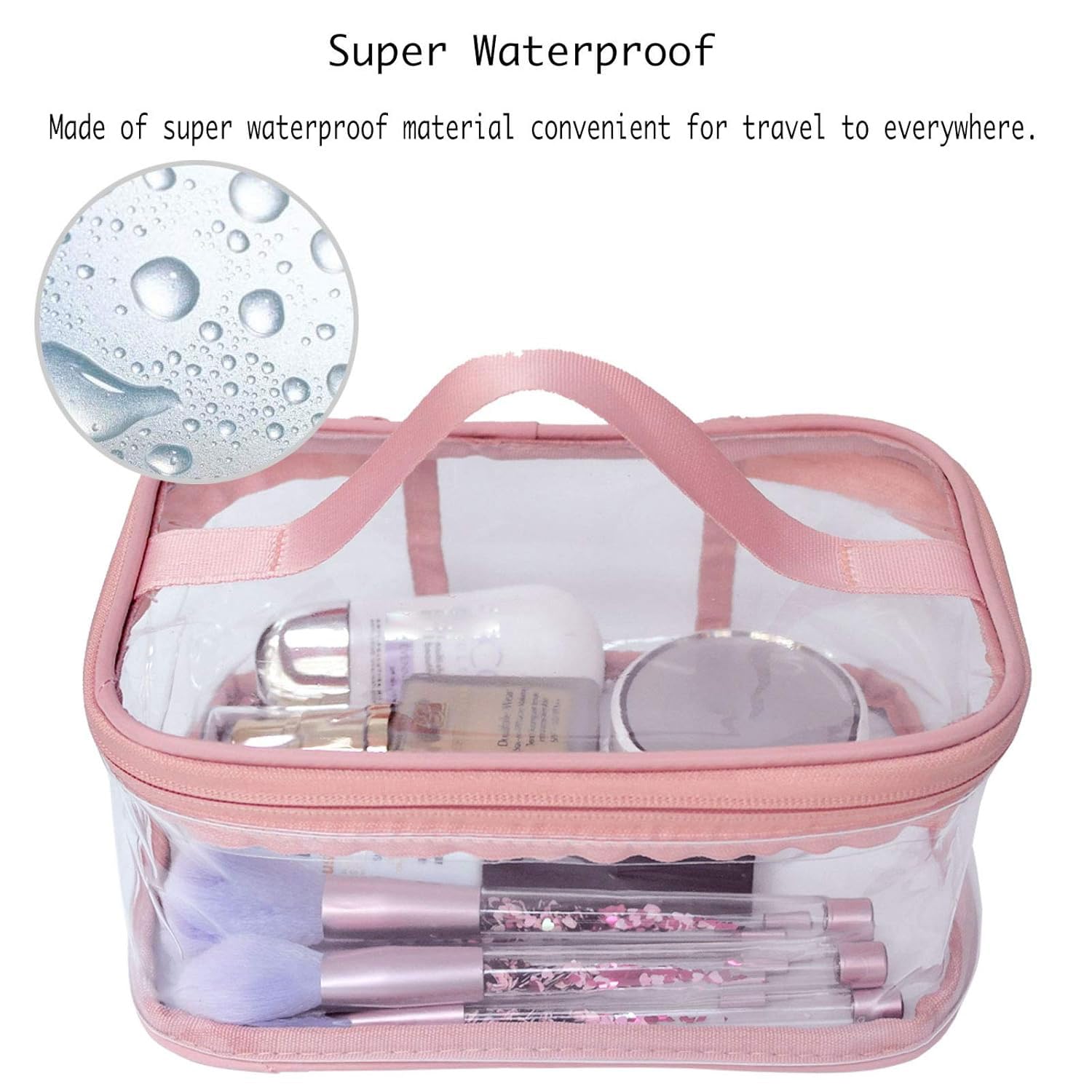Neceser de Maquillaje Transparente portátil Impermeable para Viaje, Grande, Color Rosa