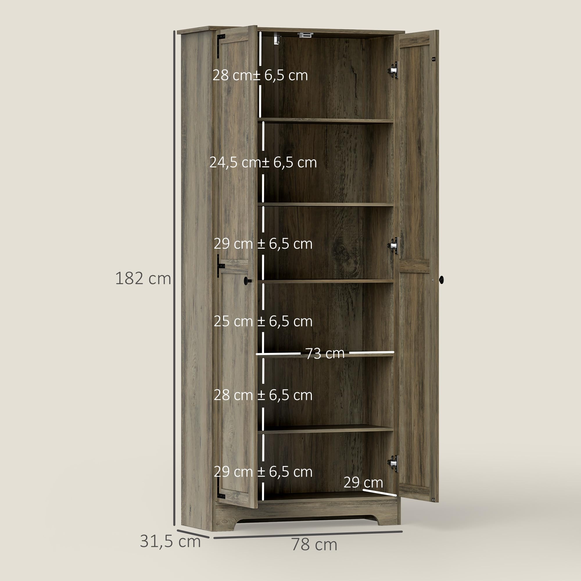 HOMCOM Alacena de Cocina Armario de Cocina Armario de Almacenaje con 2 Puertas y Estantes Ajustables para Comedor Salón 78x31,5x182 cm Marrón Grisáceo