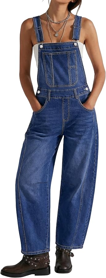 luvamia Denim Overalls for Women Barrel Leg Baggy Loose Fit Bib Stretchy Jean Jumpsuit Adjustable Strap Casual Overall