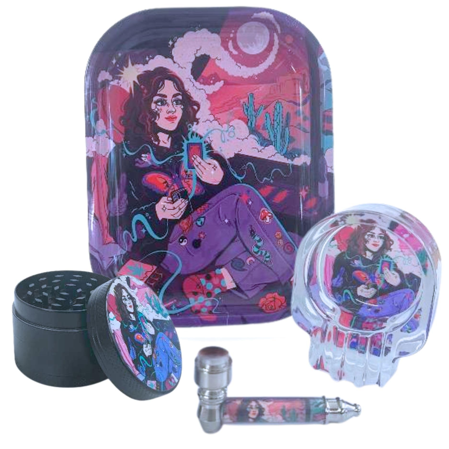 Rolling Tray Set 18 x 14 cm with Glass Ashtray, 50mm Metal Crusher & Metal Tobacco Pipe – Gift Kit for Smokers With Gift Pack For Christmas Fathers Day Her & Him (Gift Set (Design D))
