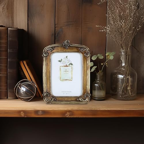 Miniatura 7 de Marcos de fotos dorados vintage de 5 x 7, marcos de fotos antiguos con parte delantera de vidrio para colgar en la pared y mesa, estilo art deco