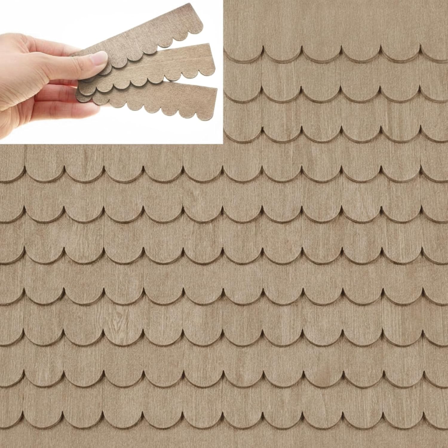 Wenqik 100 Strips Dollhouse Roof Shingles 4.25 x 1.14 Inches Each Mini Fish Scale Wooden Dollhouse Miniature Roofing for 1: 12 Scale Doll House Projects DIY Miniature Landscapes (Light Brown)