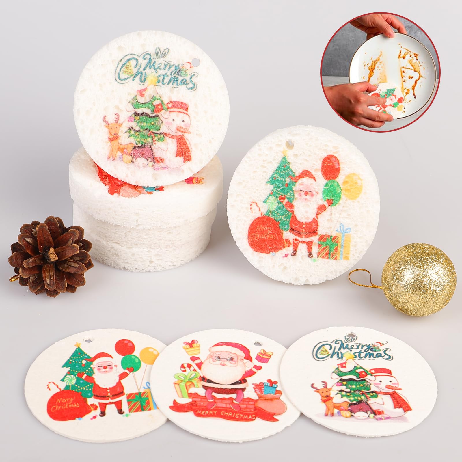 3 Pcs Biodegradable Wood Pulp Cellulose Compressed Cleaning Sponge Premium Kitchen Dishwashing Sponge Hanging Decorations for Christmas Tree Decorations, Kitchen, Bathroom and Surface Cleaning