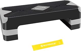 SONGMICS Pikowana deska do aerobiku, stepper z taśmą oporową, regulowana wysokość (10/15/20 cm), platforma o wymiarach 68 x 27 cm, do fitnessu, treningu w domu i w biurze
