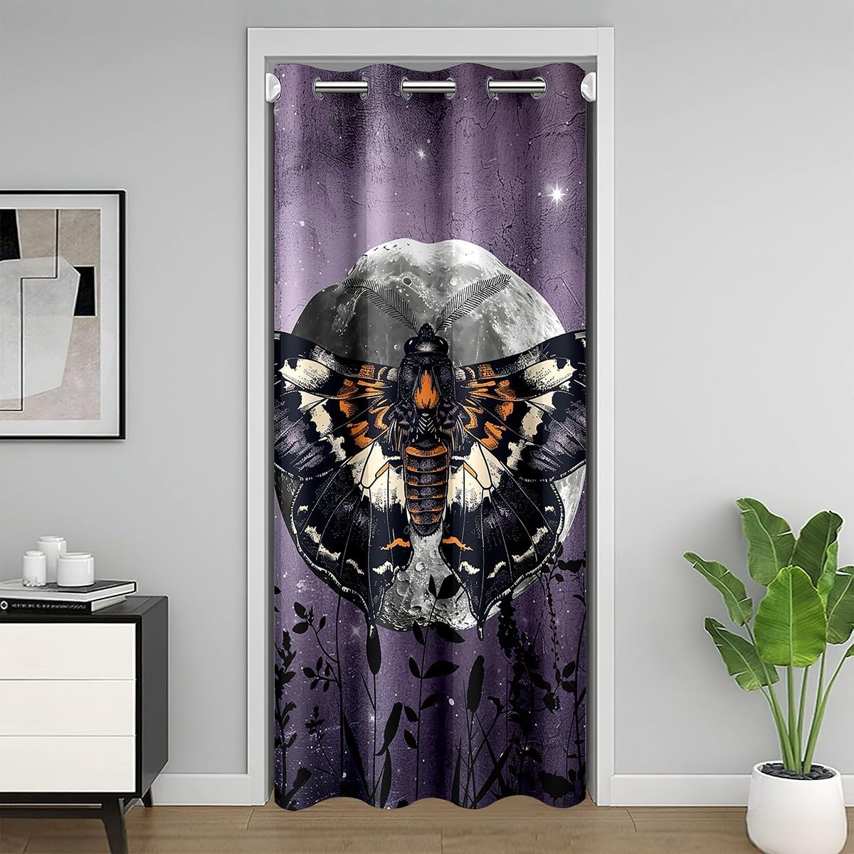 Wild Moth Door Curtain Bohemia Exotic Butterfly Blackout Curtain Purple Moon Night Doorway Curtain for Kids Teens Adults Flower Silhouette Door Drape 42" W X 80" L