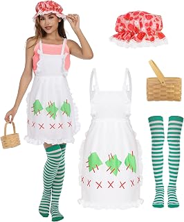 4Pcs Sweet Style Costume Accerories Set With A Strawberry Printed Women's Hat, A Ruffled Apron, Striped Stockings and A Wicker Basket Suitable for Halloween Role-playing