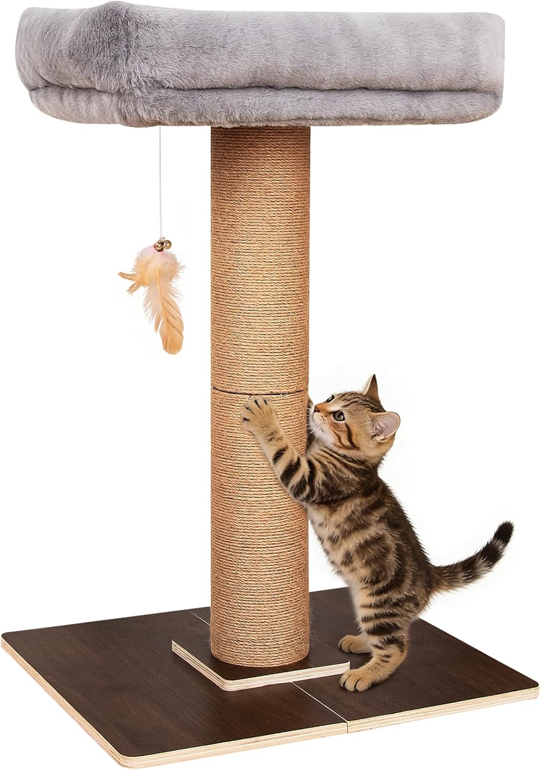 Cat Scratching Post, Retro-Style Tall Cat Scratcher Tower with Removable Rabbit Plush Perch, Natural Pine & Sisal Cat Scratcher for Indoor Cats, Large