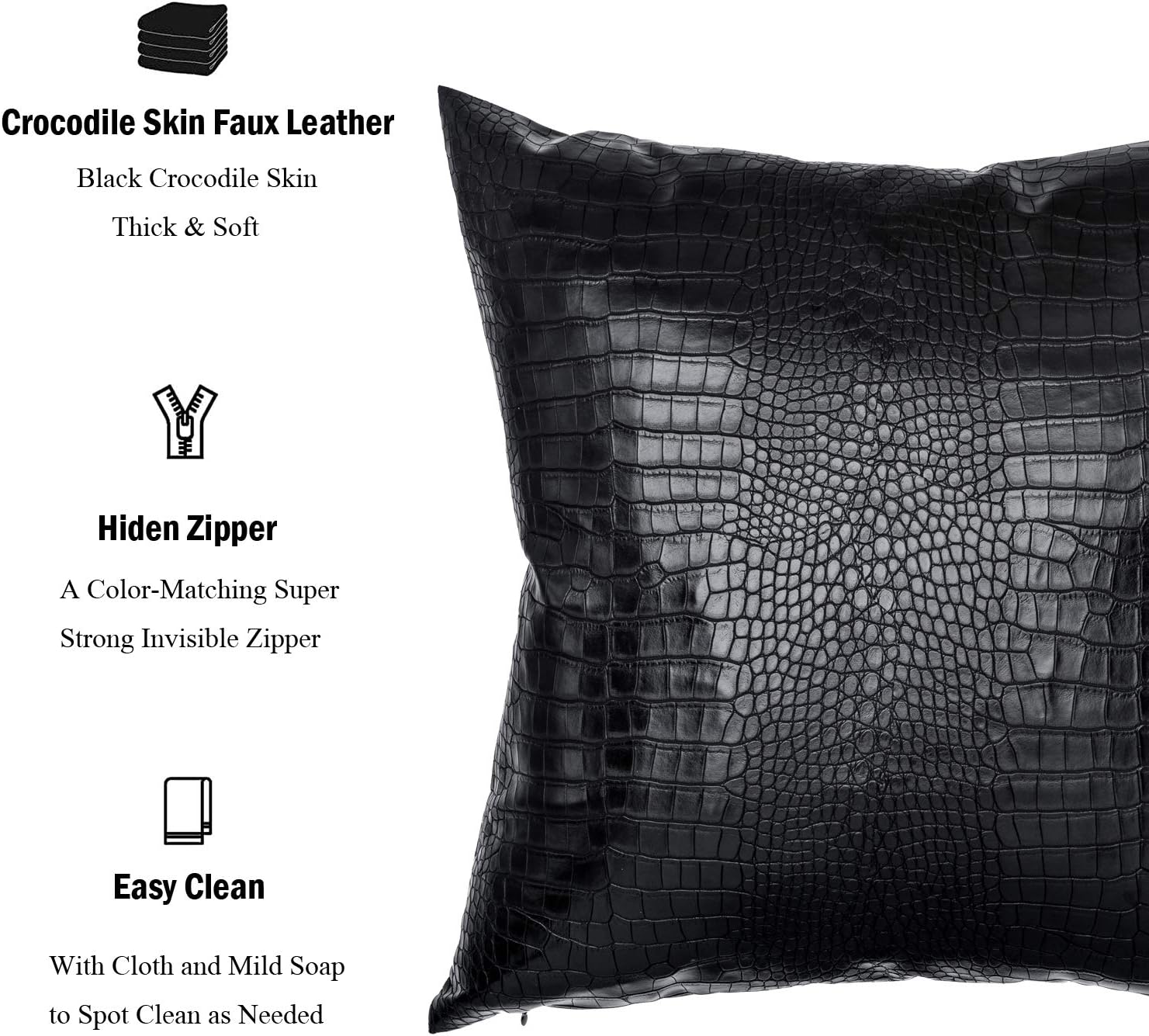 faux leather throw pillow covers, square 26x26 inches black crocodile skin leather pillow case, modern faux leather cushion covers for couch bed sofa crocodile skin black 26" x 26" (pack of 1)