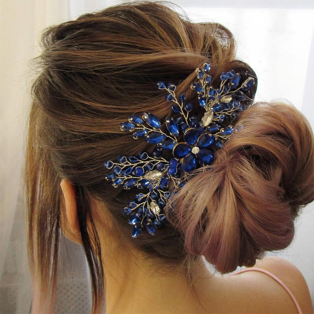 Missgrace Bride Silver Blue Rhinestones Hair Comb Silver Sparkling Dainty Flower Faux Pearls Blue Rhinestones Headpiece Elegant Hair Comb Hair Accessoires for Bride Women