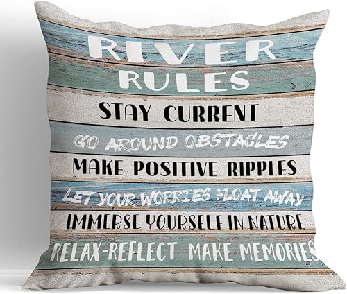 huester Funda de almohada vintage con reglas del río, 18 x 18 pulgadas, funda de cojín decorativa para el hogar, sofá, cama, decoración de banco,