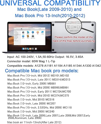 Miniatura 2 de Cargador Mac Book Pro, adaptador de corriente de 60 W, conector magnético con punta en L, cargador compatible con Pro de 13 pulgadas antes de