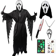 Ghostface Costume Adult, Ghost Face Terrifier Costumes Set with Mask, Toy Knife, Belt,Skeleton Necklace,Fluorescent Stickers, Horror Movie ghostface Outfit for Halloween Cosplay
