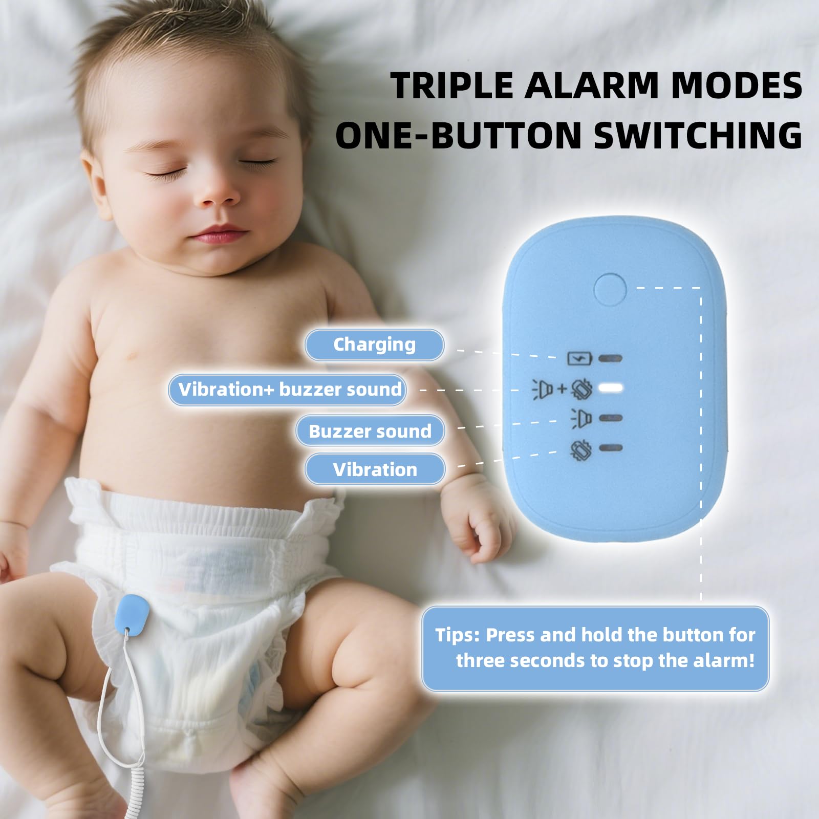 Boys, Girls, Children's bedwetting Alarm, Loud Sound and Strong Vibration, USB Charging Bedpan Alarm, Children's, Adult bedwetting Sensor-Blue