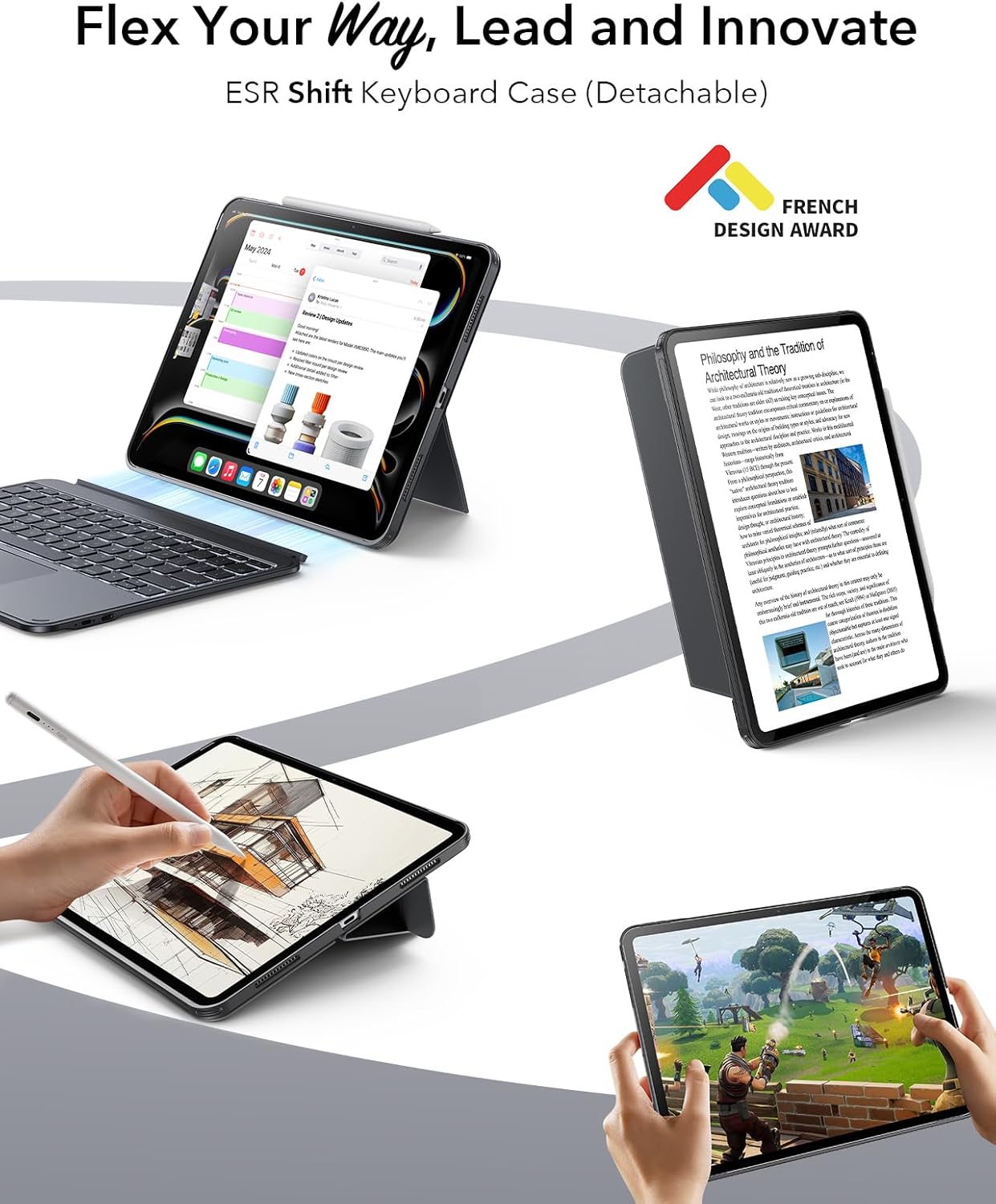 ESR for iPad Pro 13 Case with Keyboard (M5/M4, 2025/2024), Magnetic Detachable Keyboard, Portrait/Landscape Modes, Large Click-Anywhere Trackpad, Backlit Keys, Shift Series, Dark Gray